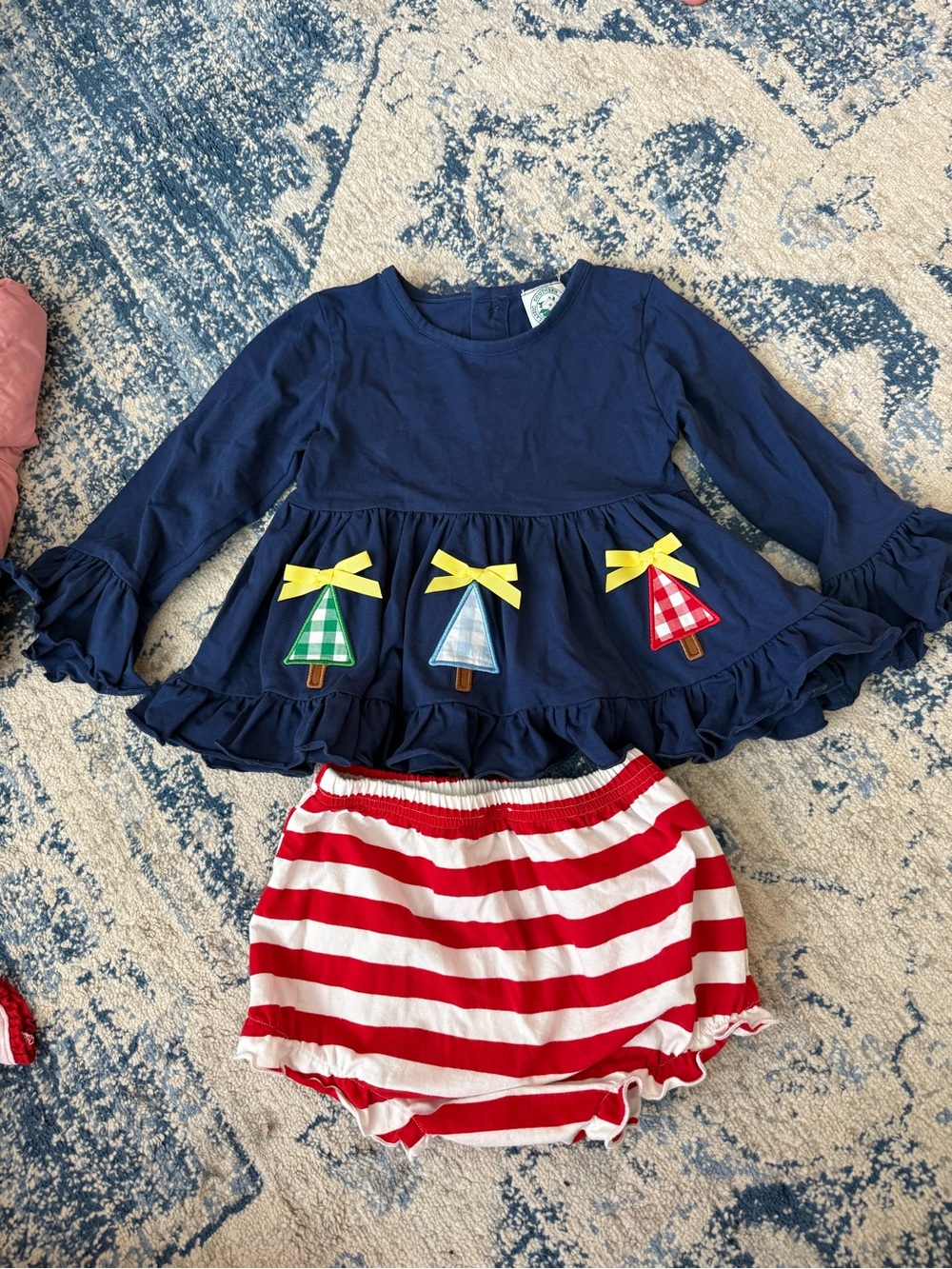 Girls Navy Christmas Ruffle Top & Red Stripe Bloomers Matching Set